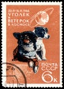 USSR - CIRCA 1966: stamp, printed in the USSR, shows two dogs with the inscription Ã¢â¬ÅUgolek and Weterok in space, 1966Ã¢â¬Â